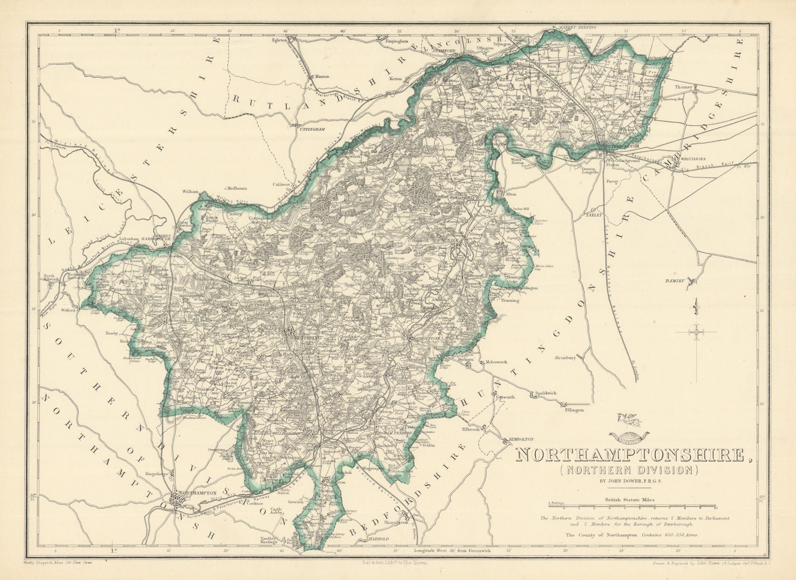 NORTHAMPTONSHIRE NORTH. Rockingham Forest. Railways. DOWER. Dispatch 1863 map